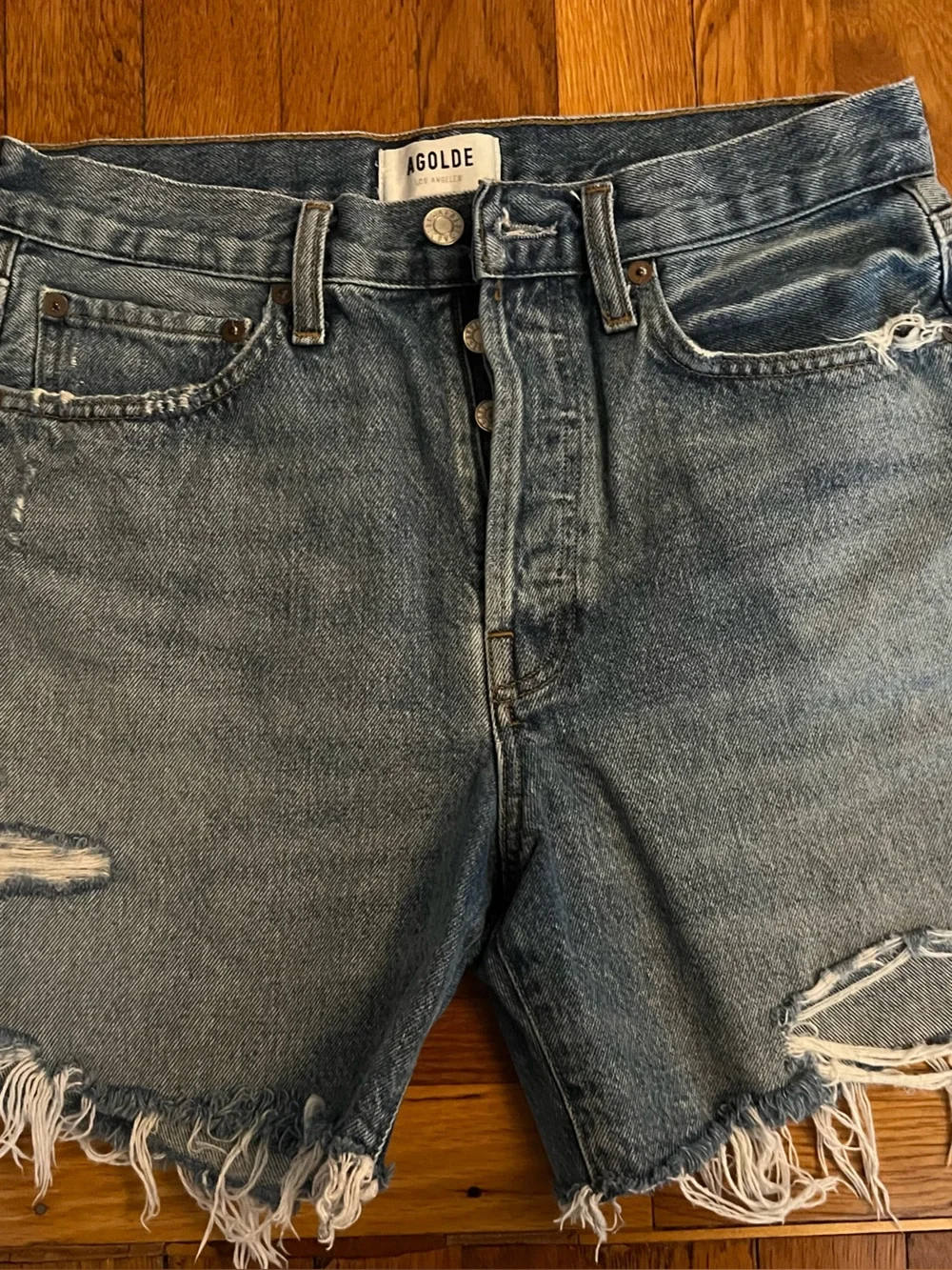 Agolde Distressed Light Blue Parker Long Denim Shorts